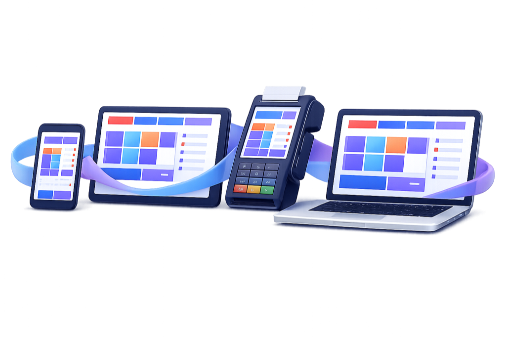 Cùng một màn bán hàng chạy trên điện thoại, tablet, máy POS và laptop.